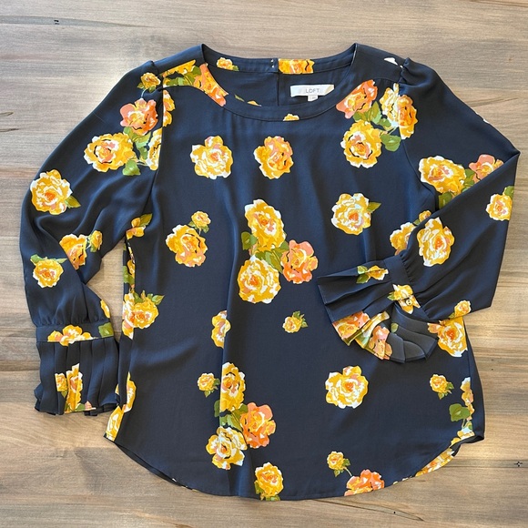 LOFT Tops - LOFT Dark Grey Blouse with Yellow Floral Print and Ruffle Cuffs